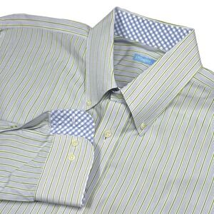 J. McLaughlin XL Green Blue Stripe Button‎ Down Shirt Gingham Flip Cuff